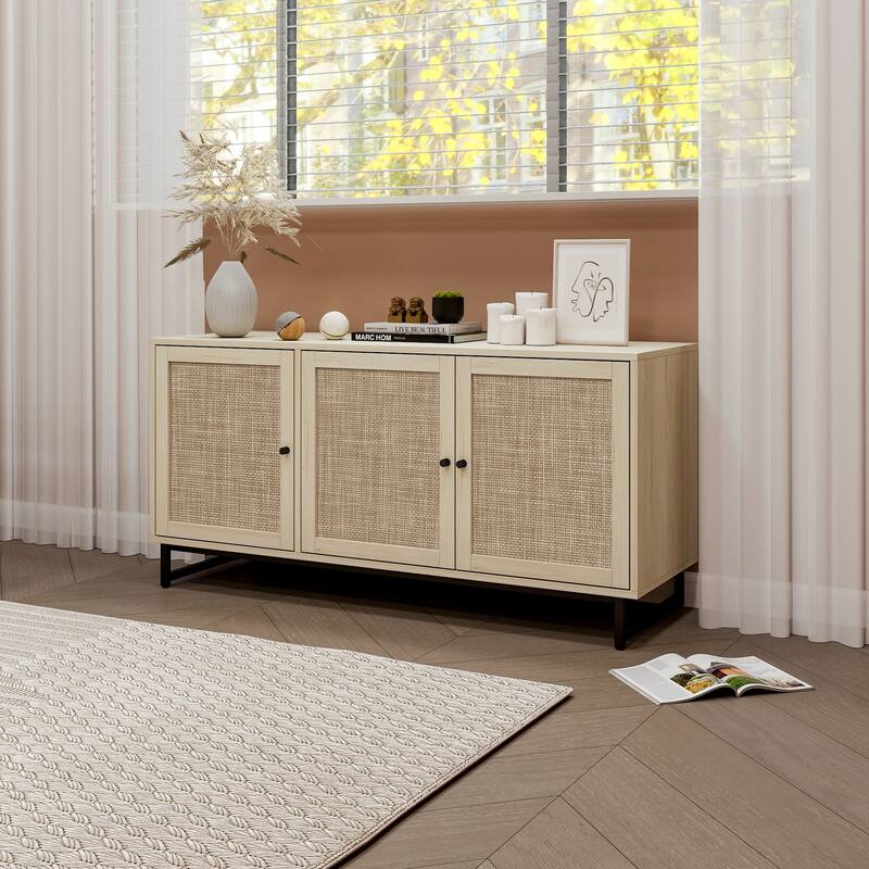 Accent Storage Cabinet With Doors And Shelves, Sideboard Wood Buffet Cabinet, Adjustable Interior Shelves and Cane Doors