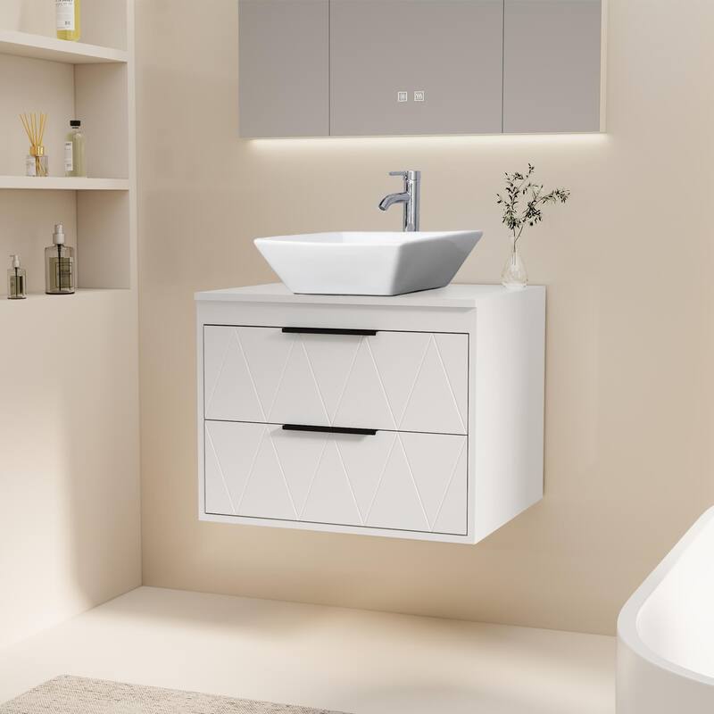 Modern Wall Mounted Bathroom Vanity Set with Vessel Sink & Faucet - white-24 in - 24-1 Ceramic square sink