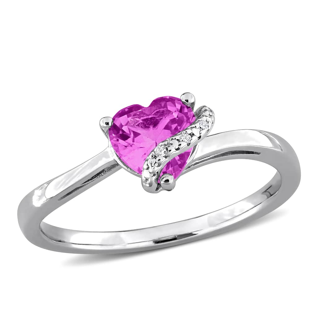 Miadora 1ct TGW Heart-Shaped Created Pink Sapphire Diamond Accent Ring Sterling Silver