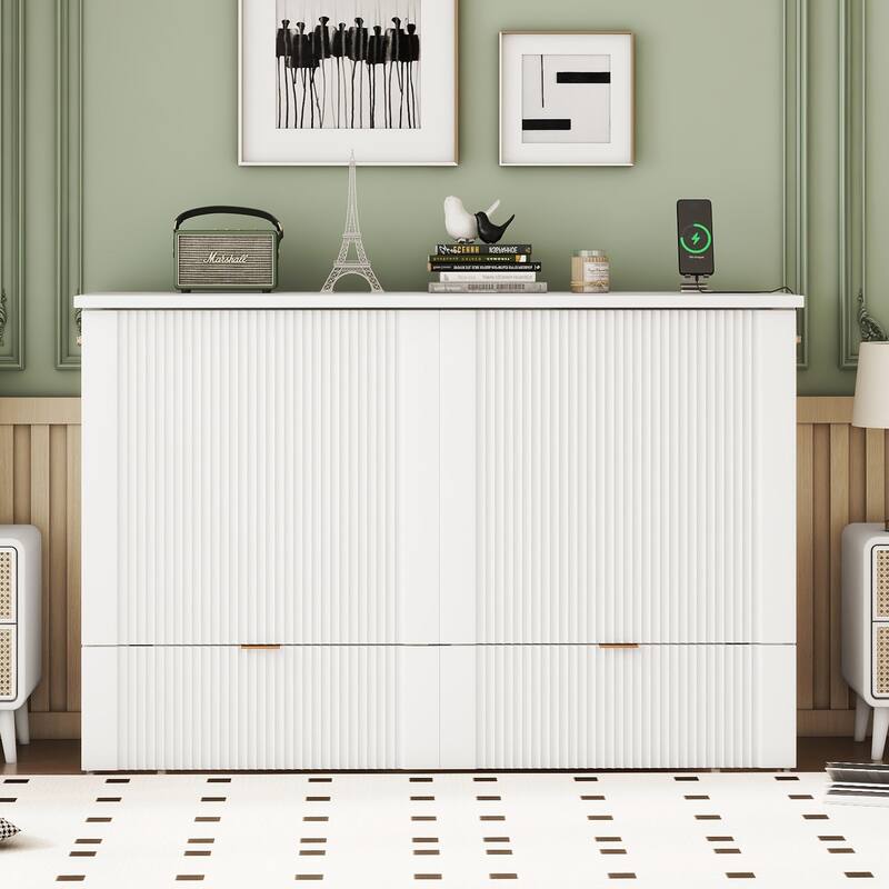 Merax Murphy Bed with drawer and a set of Sockets & USB Ports - White - Full