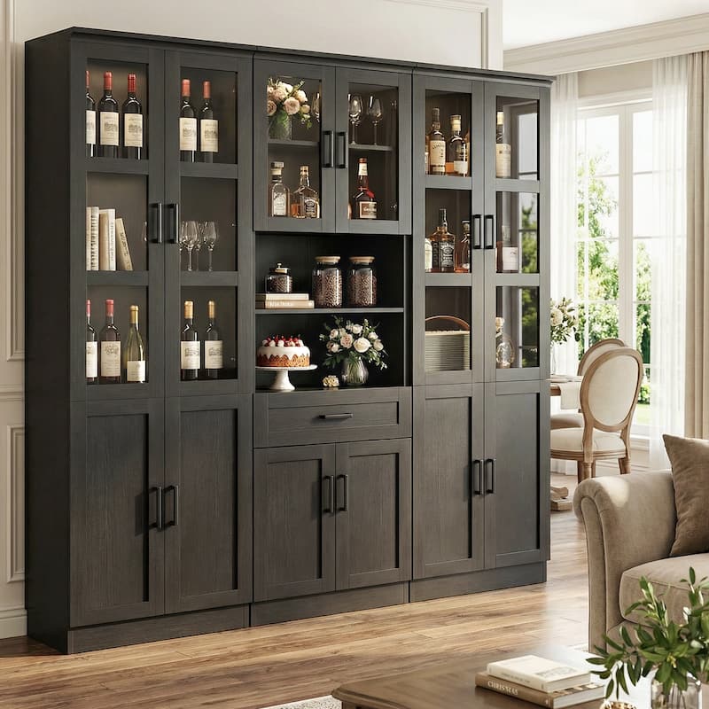 Set of 3 Freestanding Display Bookcase with Glass Doors & Adjustable Shelves & Drawer, for Living Room, Dining Room,Home Office.
