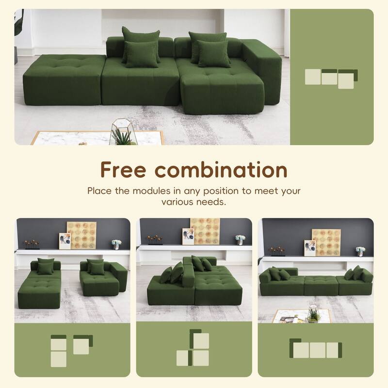 L-shaped corduroy upholstered sectional sofa with ottoman