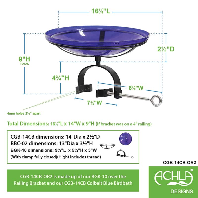 Achla Designs 14"Dia. Round Crackle Glass Birdbath w/Black Wrought Iron Over Rail Bracket