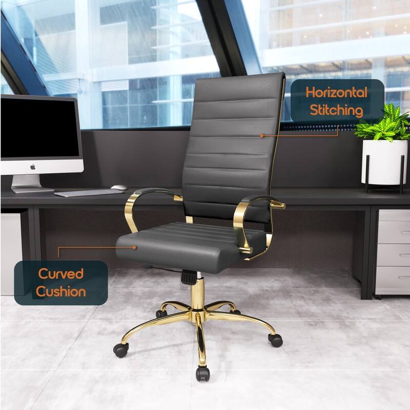 Benmar High-Back Leather Office Desk Chair in Brushed Gold Steel Frame Cushion Padded Armrests Tilt Lock Swivel Ergonomic Chair