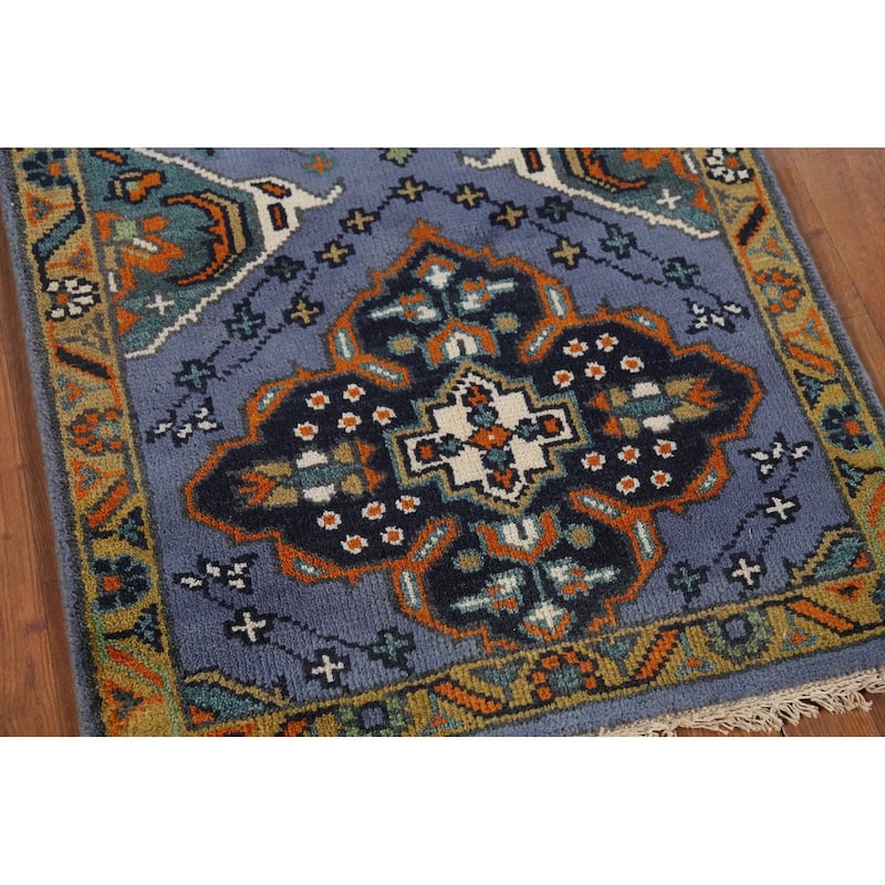 Blue Geometric Kazak Indian Accent Rug Handmade Floral Wool Carpet - 2'7"x 5'10"