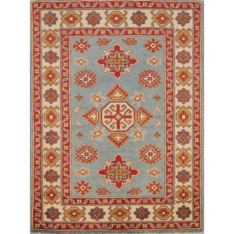 Light Blue Kazak Foyer Rug Handmade Geometric Wool Carpet - 2'8"x 4'0"