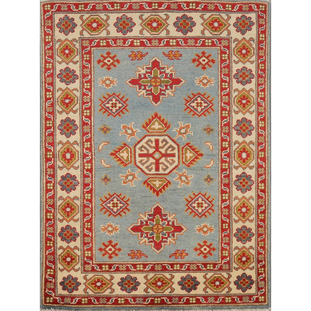 Light Blue Kazak Foyer Rug Handmade Geometric Wool Carpet - 2'8"x 4'0"