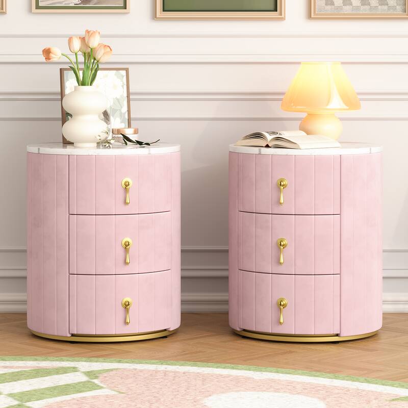 Set of 2 Upholstered 3-Drawer Nightstands - Round Marbling Top Bedside Table (Fully Assembled Except Handles, Pink)