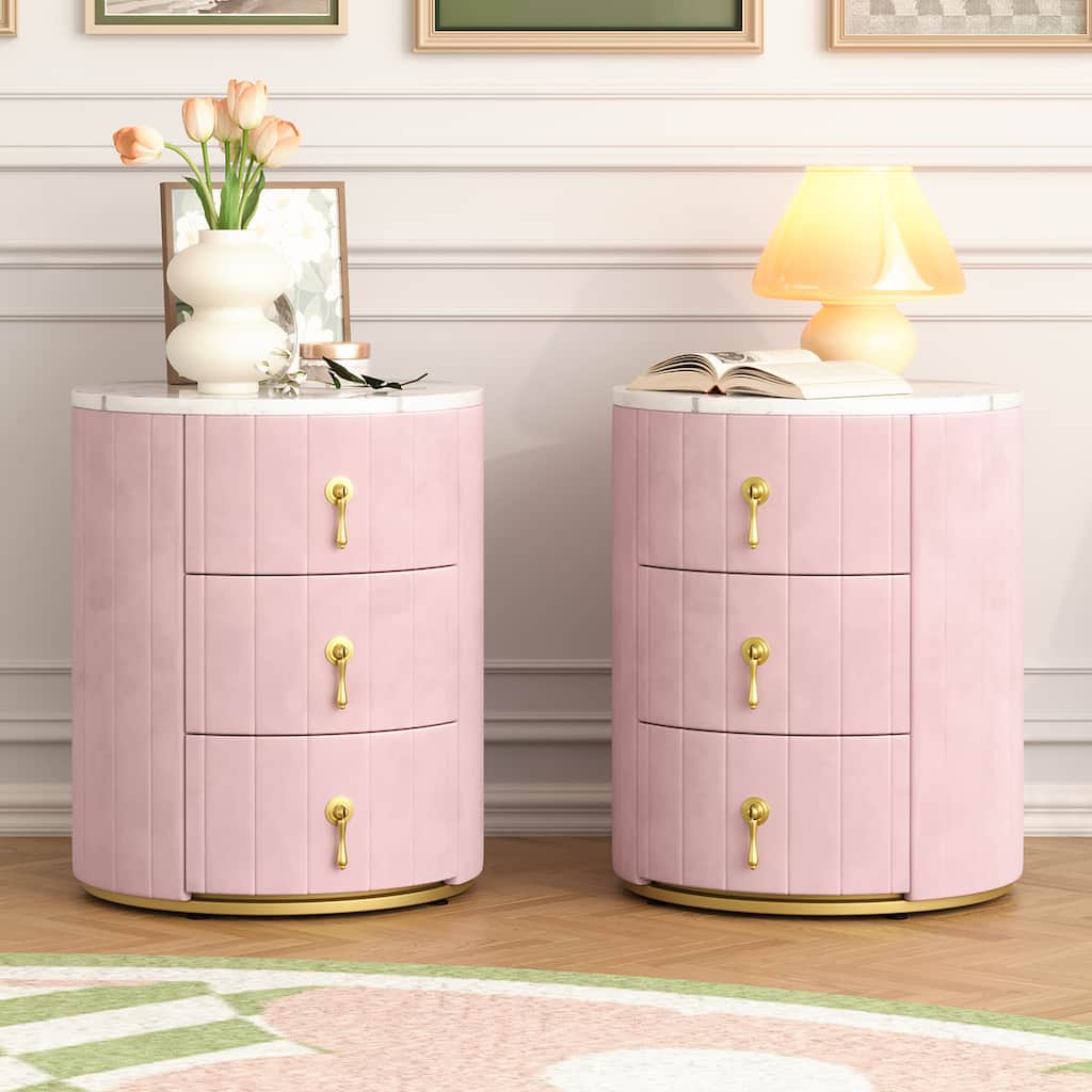 Set of 2 Upholstered 3-Drawer Nightstands - Round Marbling Top Bedside Table (Fully Assembled Except Handles, Pink)