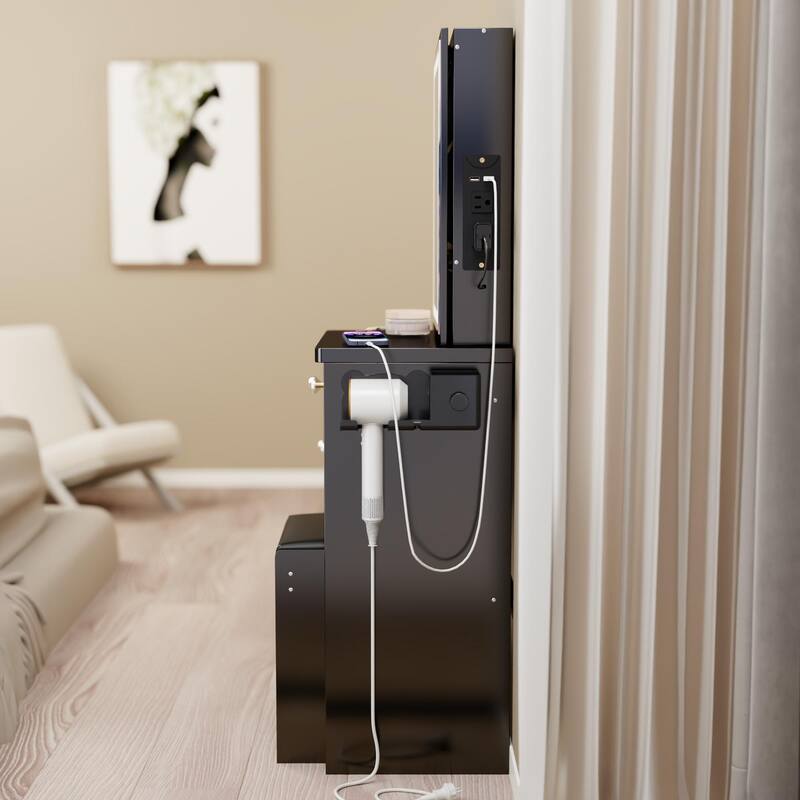 Small Size Left Bedside Cabinet Vanity Table+Cushioned Stool,USB Power Station,Touch Control Sliding LED Mirror