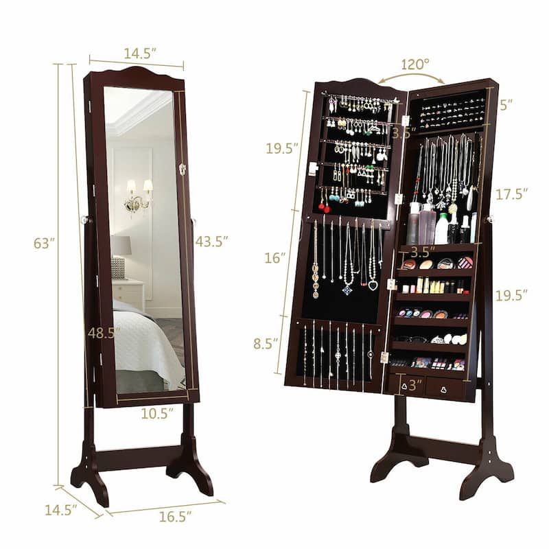 Gymax Mirrored Jewelry Cabinet Armoire Storage Organizer w/Drawer &