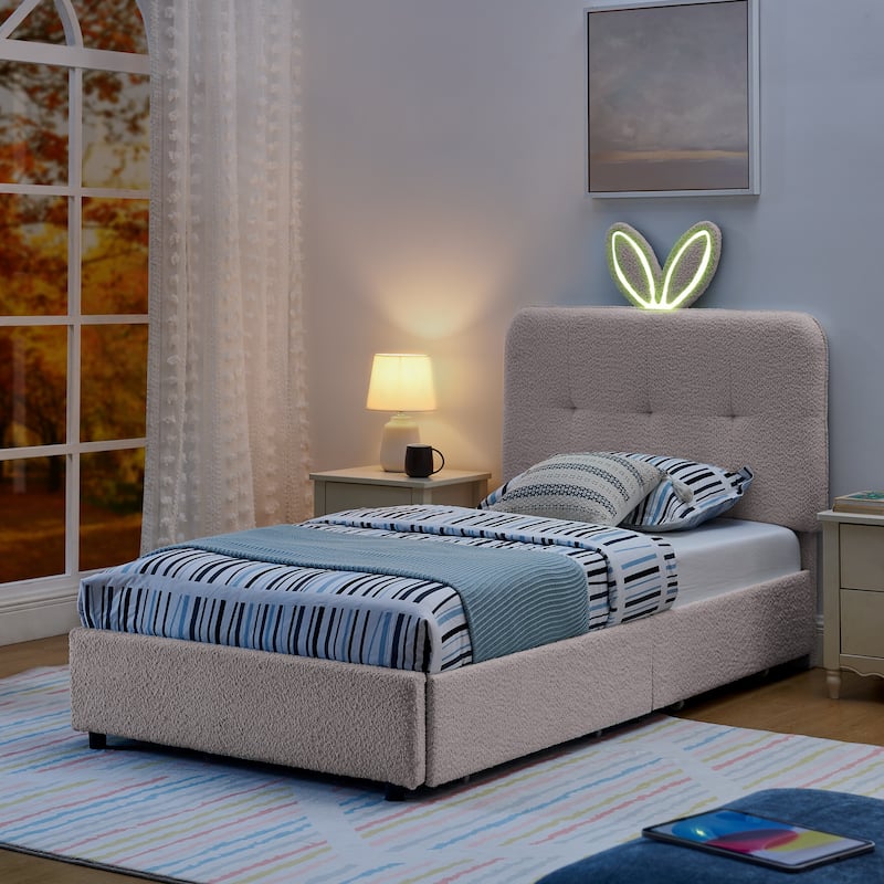 Kids Boucle Upholstered Bed with Rabbit Ear Headboard, LED Music Sync & 4 Drawers