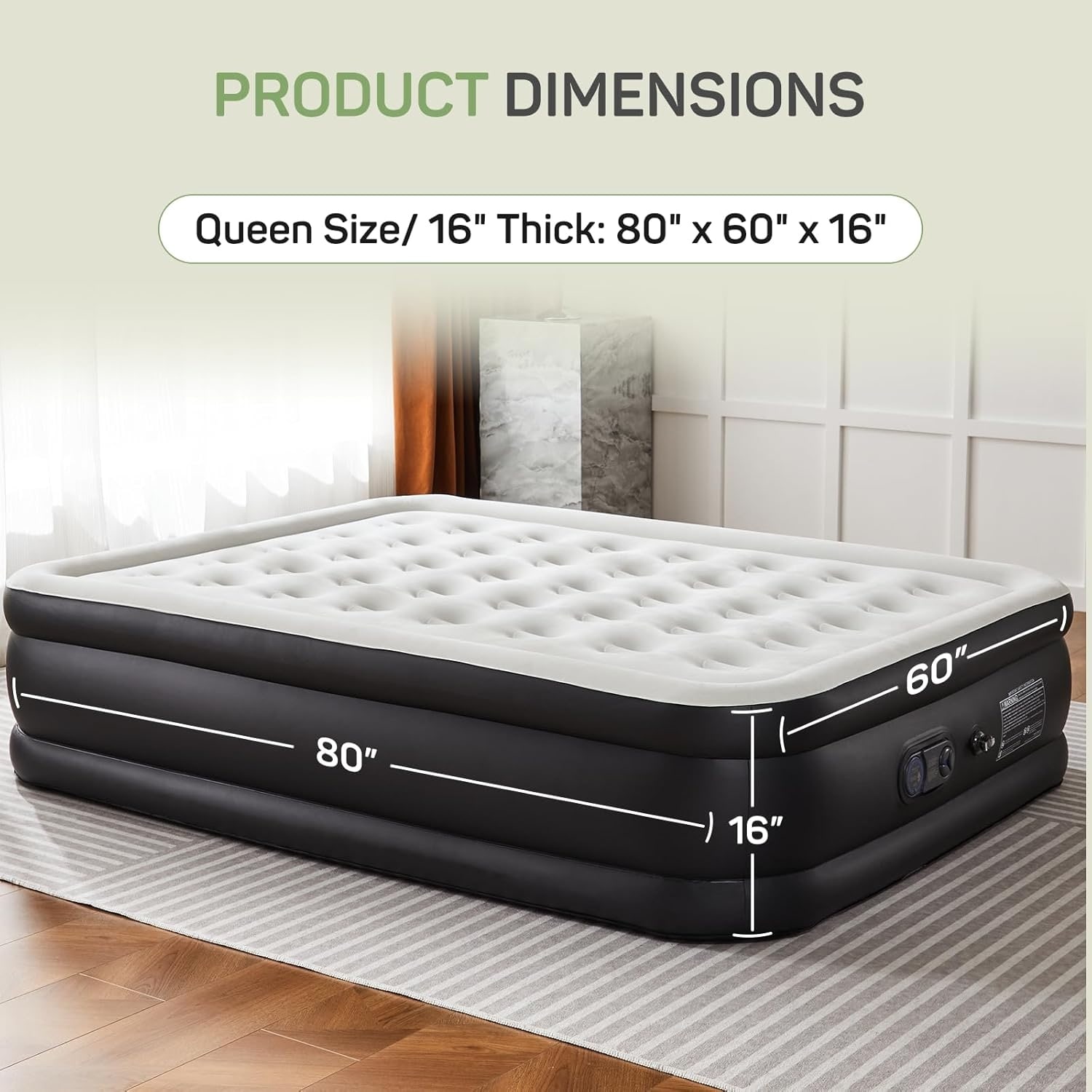 Queen air mattress with battery pump top