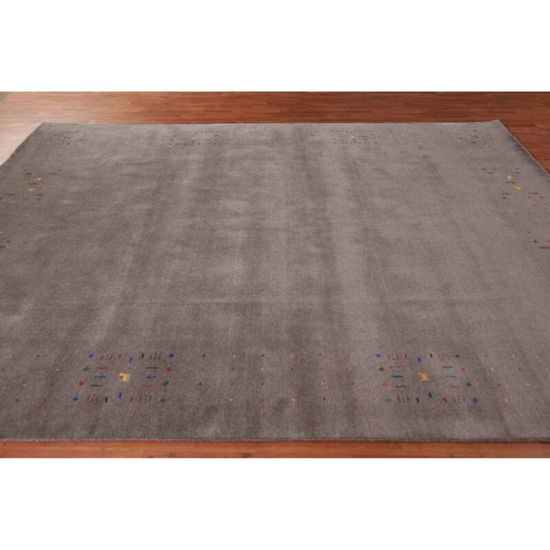 Tribal Gabbeh Area Rug Hand-Knotted Grey Wool Carpet - 8'0" x 9'11"