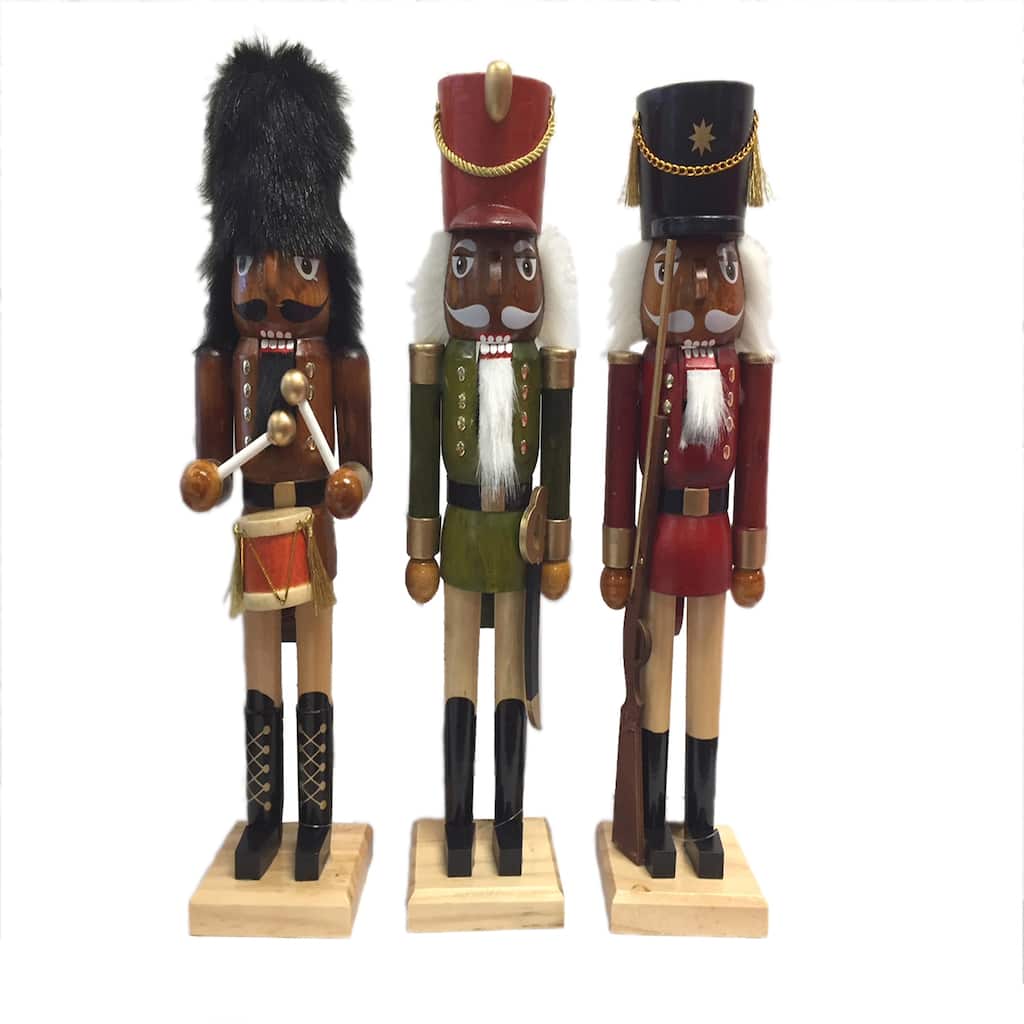 14 inch Natural Wood African American Nutcrackers, Set of 3 - brown