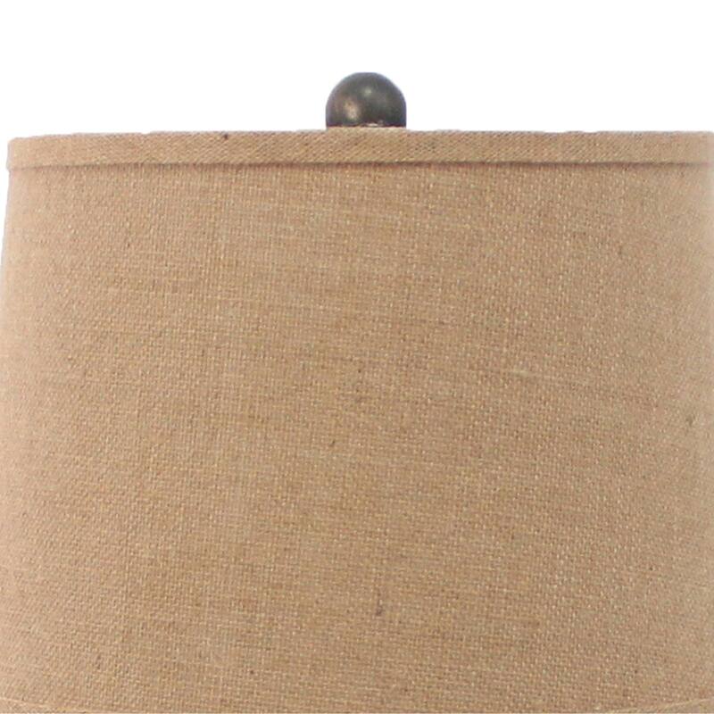 Metal Temple Design Base Table Lamp with Fabric Shade, Beige and Gray