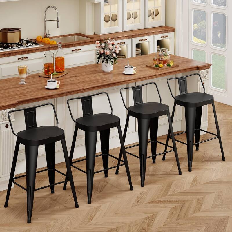 Industrial Metal Counter&Bar Stools Set of 4, 26" and 30" Seat Height Barstools with Large Seat and Low Back for Kitchen Island