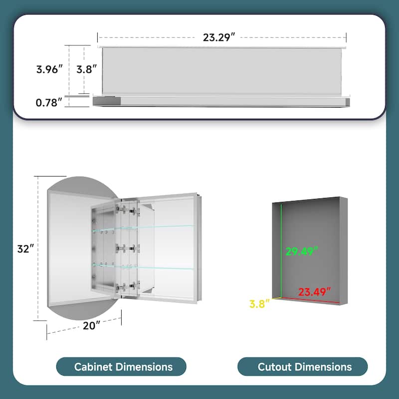 20x32" Tri-View Mirrored Medicine Cabinet, Soft-Close Blum Hinges, Reversible Door, Recess/Surface Mount, Aluminum Body