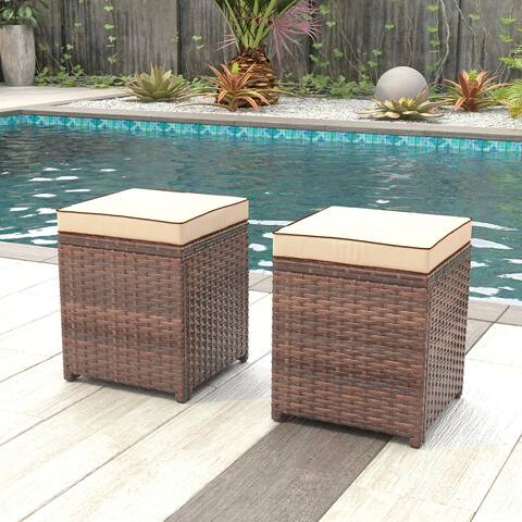 Patio Cushioned Wicker Ottoman Outdoor Rattan Stools (Set of 2)