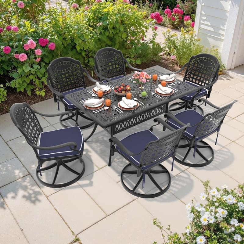 7-Piece Aluminum Rectangular Outdoor Patio Dining Set, 6 Cushioned Swivel Chairs, Table, All-Weather Frames
