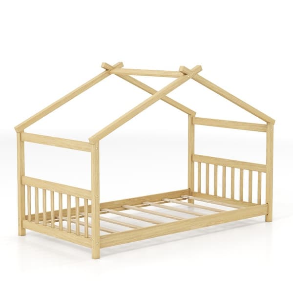 slide 2 of 19, Twin House Bed Frame for Kids with Roof Design and Wood Slat Support Natural
