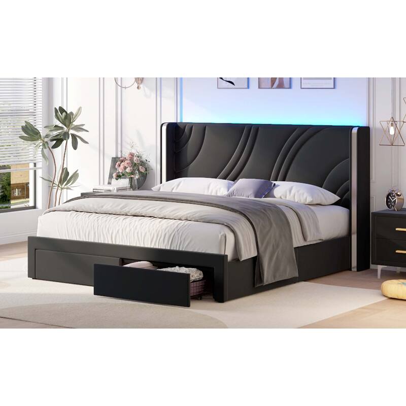 Modern Wingback Bed Frame with Storage Drawers RGB Light