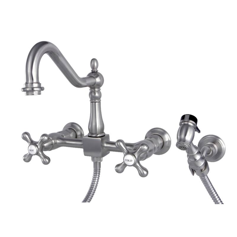 Heritage Two-Handle Wall Mount Bridge Kitchen Faucet with Brass Sprayer - Brushed Nickel