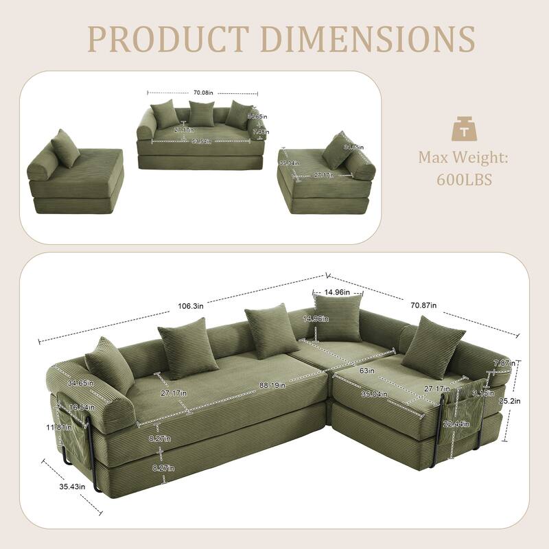 HOMEFUN Corduroy Upholstered Convertible Folding Sofa Bed with Fixed Frame and Pillow Back Handrail