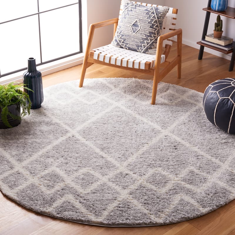 SAFAVIEH Berber Shag Guluzar Moroccan Boho 1.25-inch Rug - 7' x 7' - Ivory/Grey - Round
