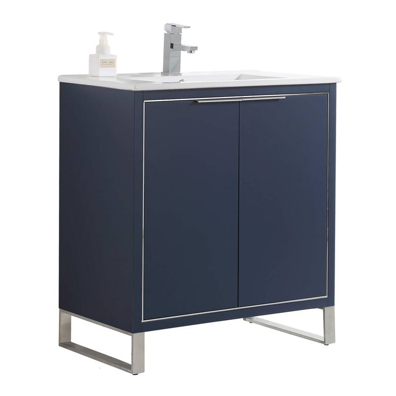 Fine Fixtures Opulence Collection Bathroom Vanity with White Ceramic Sink - 30 Inch - Navy Blue - Chrome Hardware