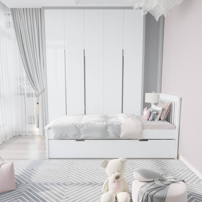Twin Size Solid Wood Trundle Bed Frame with Pull-Out Toddler Bed and Heavy Duty Kids Bed