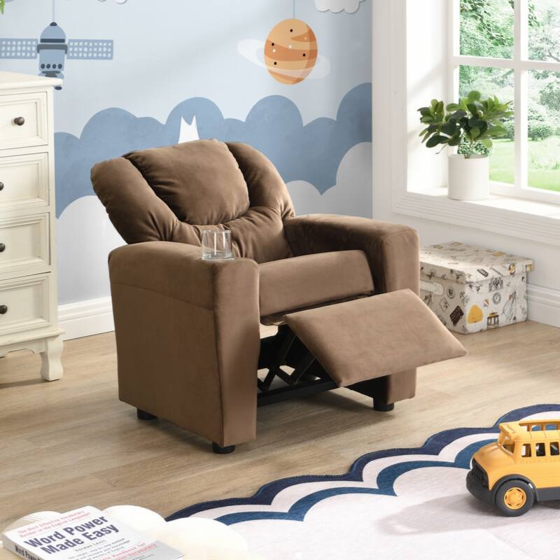Kids Recliner Chair, Kids Upholstered Couch with One Cup Holder, Footrest, Backrest, Toddlers Velvet Recliner