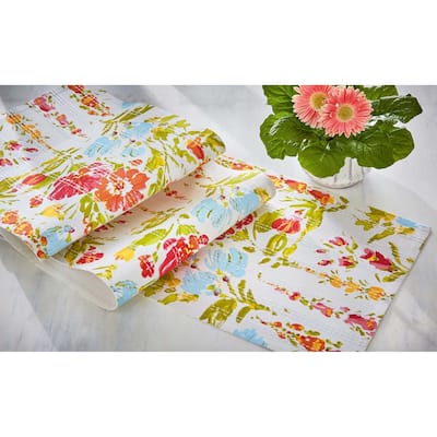 Bloom & Blossom Blue Orange Red Bright Floral on White Background Cotton able Runner Décor 72" x 14.5"-in.