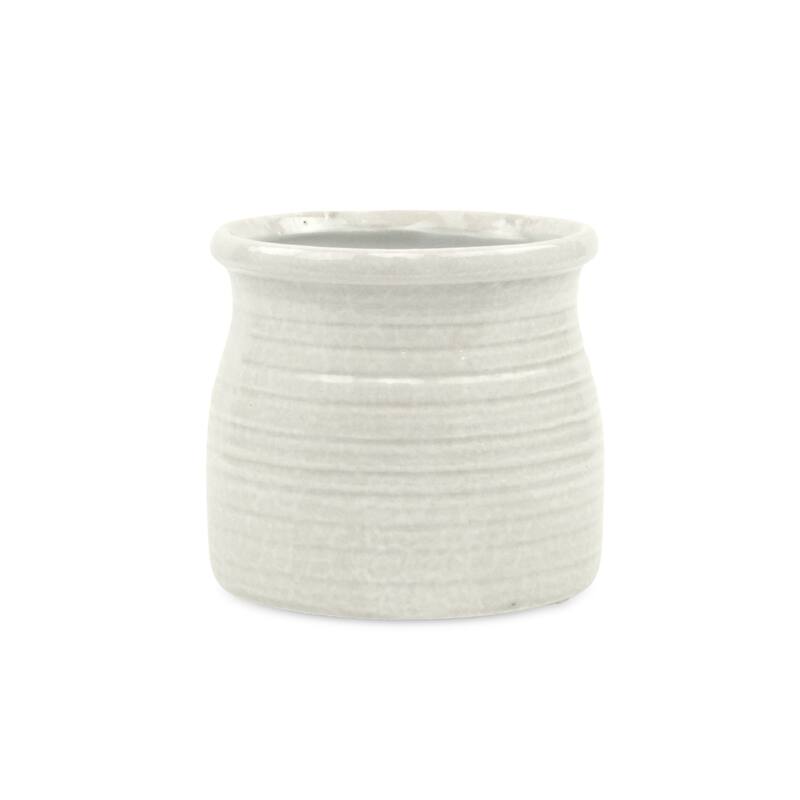 HomeRoots White Ceramic 25 Ounce Striped Round Distressed Pot Planter - 5.00 in. x 4.75 in. x 5.00 in.