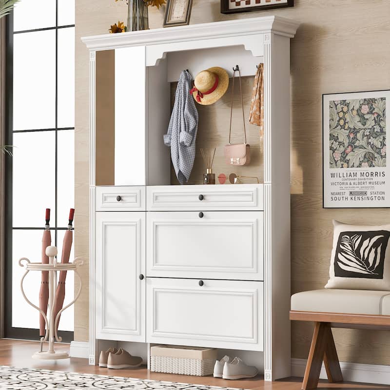Anmytek White 54.7'' Hall Tree with Integrated Shoe Cabinet and Mirrored Cabinet Door