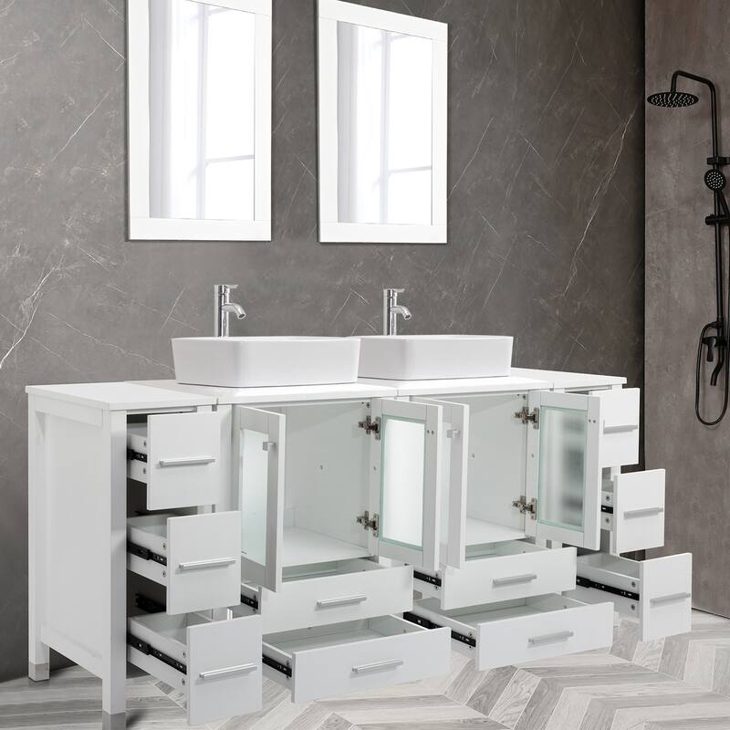 72" Bathroom Vanity Set with Vessel Sink Side Cabinet Combo - white ceramic rectangular sink - White