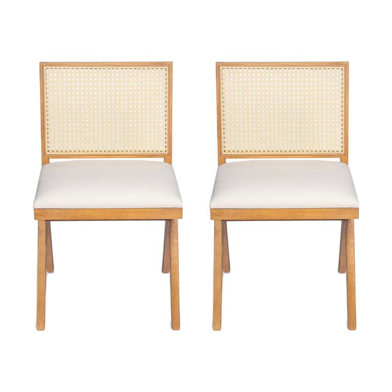 Dining Chairs Set of 2, Ergonomic Upholstered Kitchen Side Chairs, Accent Chairs with Rattan Backrest & Solid Wood Legs