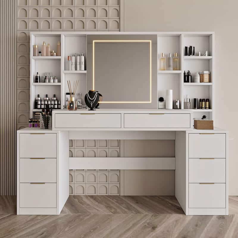 8 Drawers Makeup Vanity Desk, Large Vanity Table with Brightness Adjustable LED Mirror, Built-in Charing Station Dressing Table