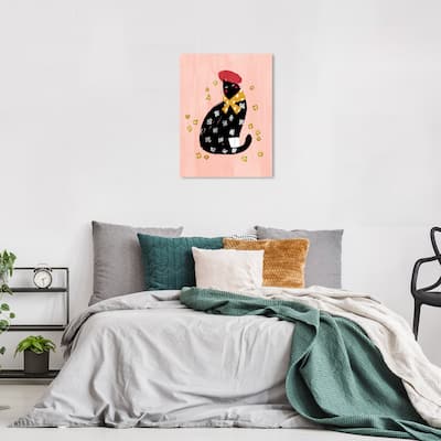 Wynwood Studio Canvas Animals Beret Flower Cat Black and Light Pink Modern & Contemporary Wall Art Canvas Print