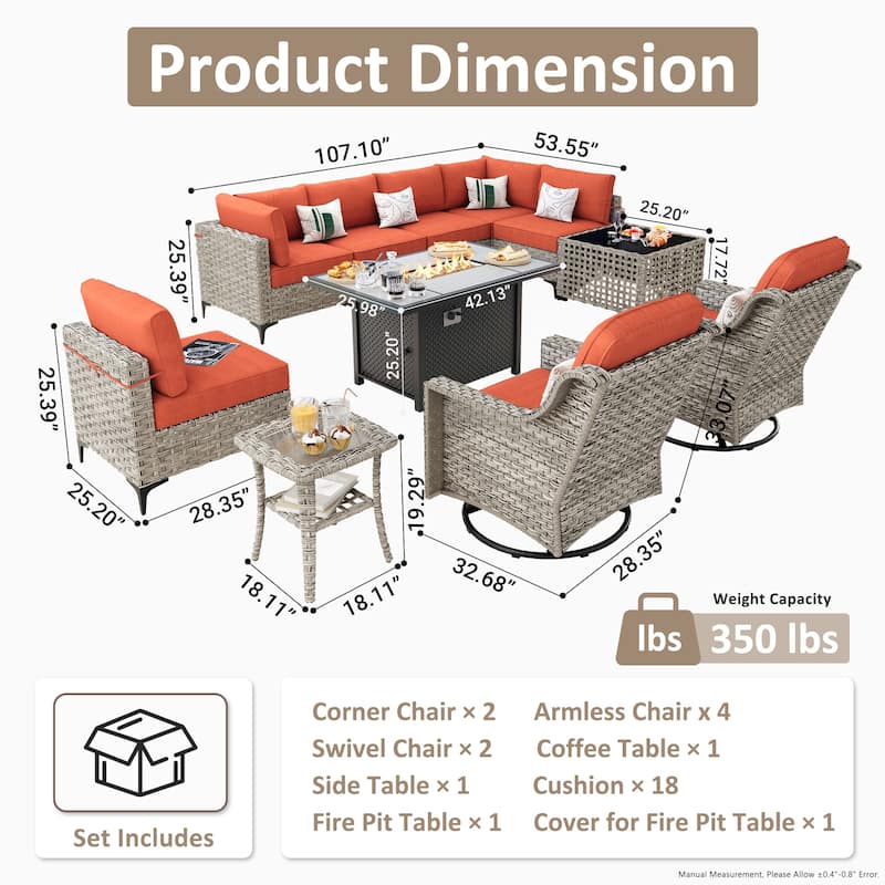 OVIOS 11 Pieces Outdoor Wicker Swivel Chair Set With Solar-Powered Coffee Table&Fire Pit