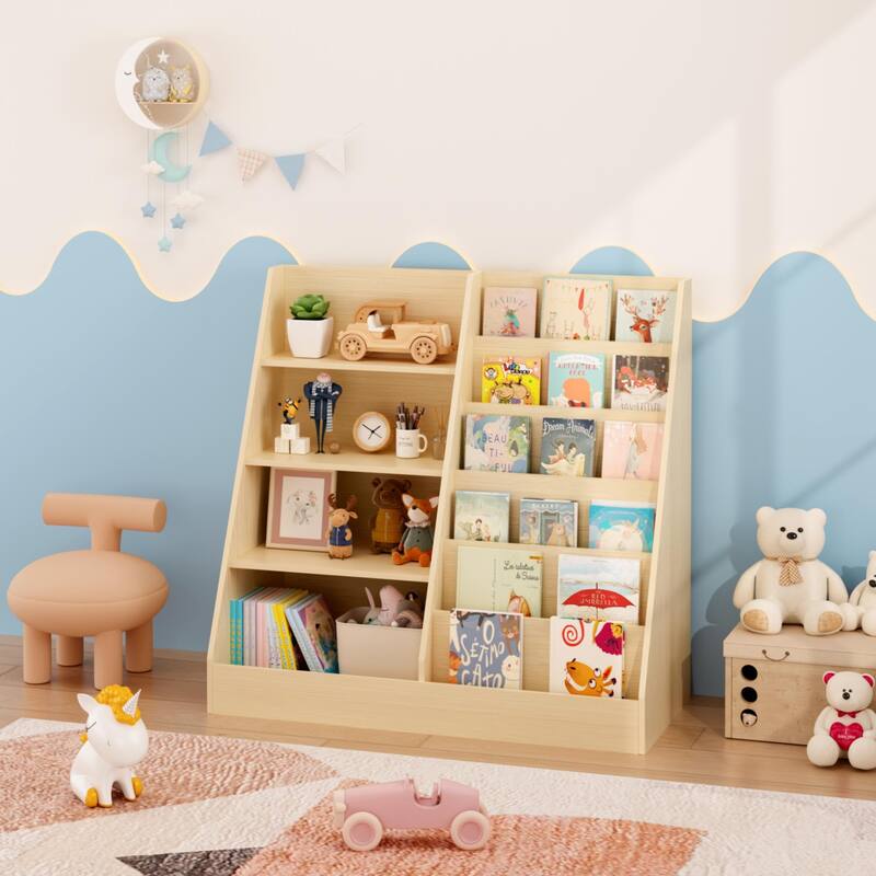 Kids Bookshelf and Toy Storage Organizer, Multifunctional 4 Tier Wooden Kids Book Shelf with Bookcase Display Stand