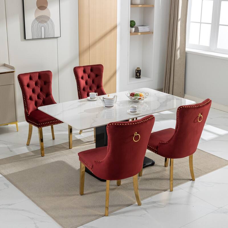 Velvet Dining Chairs Set of 2, Tufted Upholstered Dining Room Chairs, Kitchen Chair with Back Ring Pull & Nailhead Trim