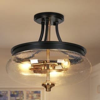 Zenith Modern Transitional Black Gold Semi Flush Mount Lights Drum Seeded Glass Foyer Ceiling Lights - D 14" x H 12.5"