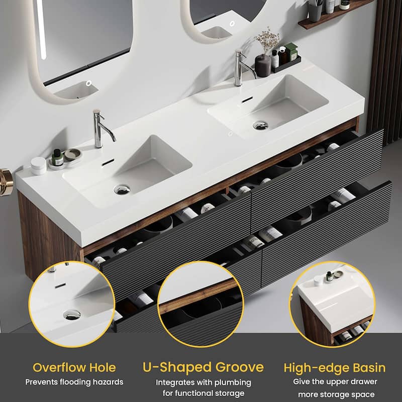 Wall Mounted Bathroom Vanity with Glossy White Solid Surface Sink