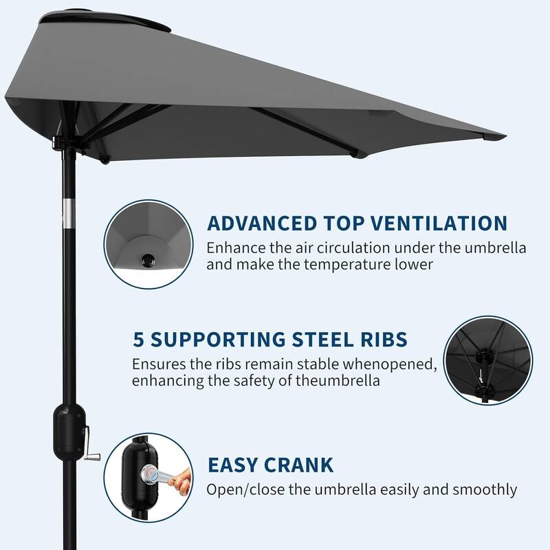 9ft Outdoor Patio Half Umbrella, with Smooth Crank Lift