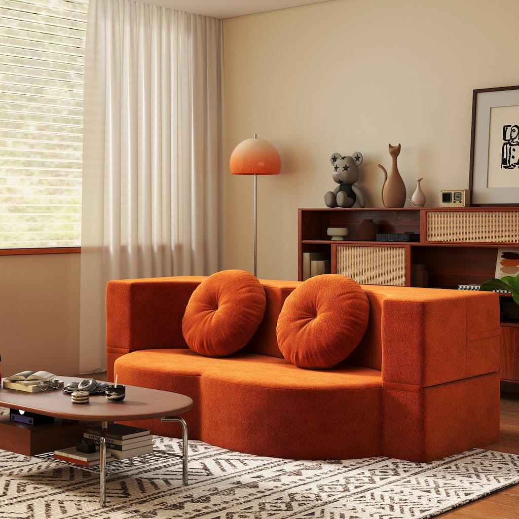 Modern 2-Seater Sofa Multi-Functional Folding Sofa Bed with Pillow, Curved Armrest, for Living Room, Apartment, Orange