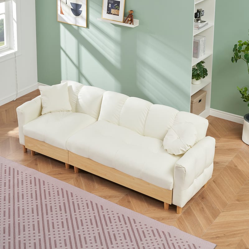 3-Seater Teddy Fabric Sleeper Sofa with Pull-Out Bed, Beige Couch with Storage and Gold Legs