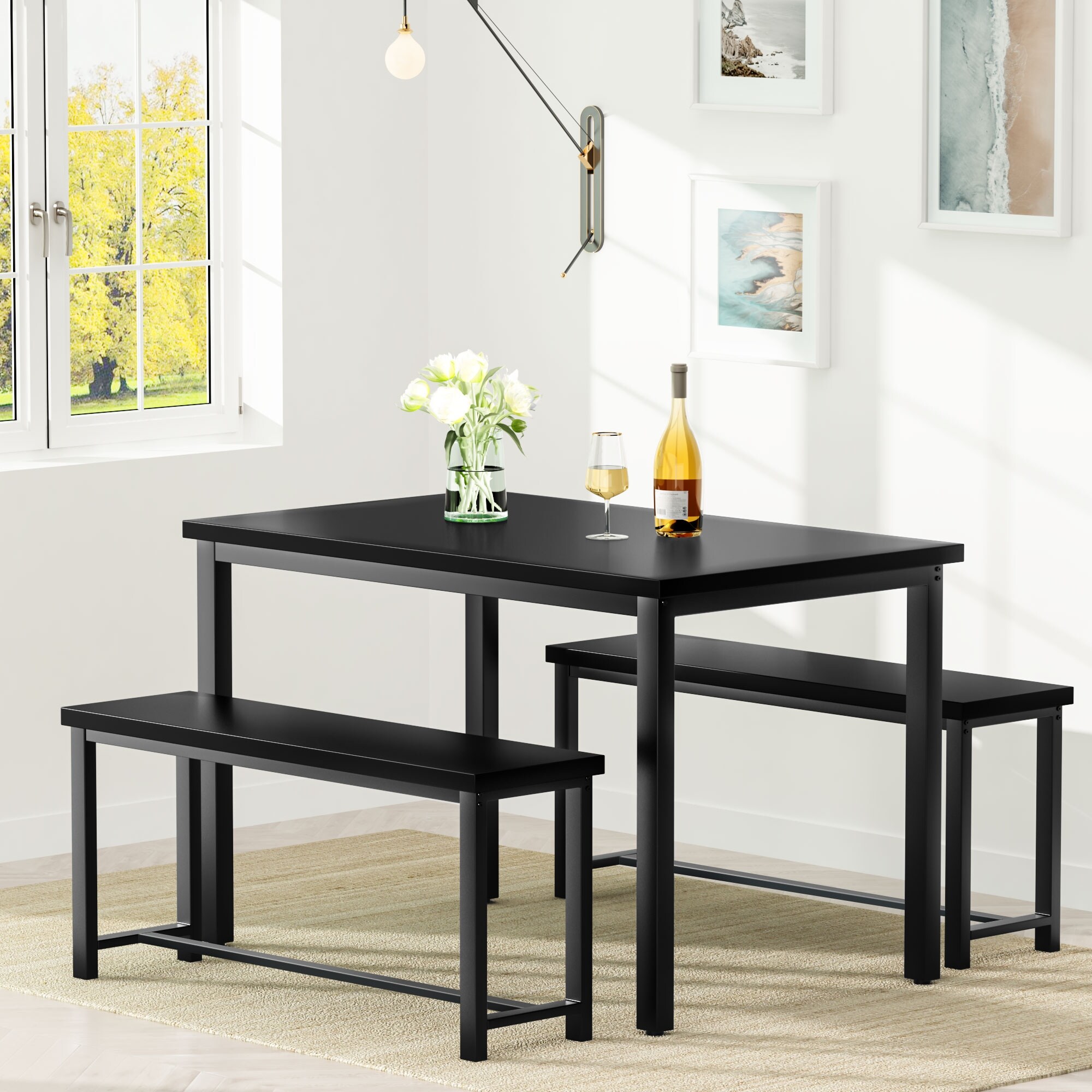 Grondin Industrial Style 3 Piece Dining Table Set with 2 Benches