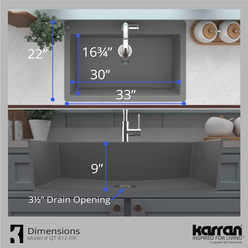 Karran QT-812 Top Mount 33 in. Large Single Bowl Quartz Kitchen Sink in Grey With Kitchen Faucet in Stainless Steel