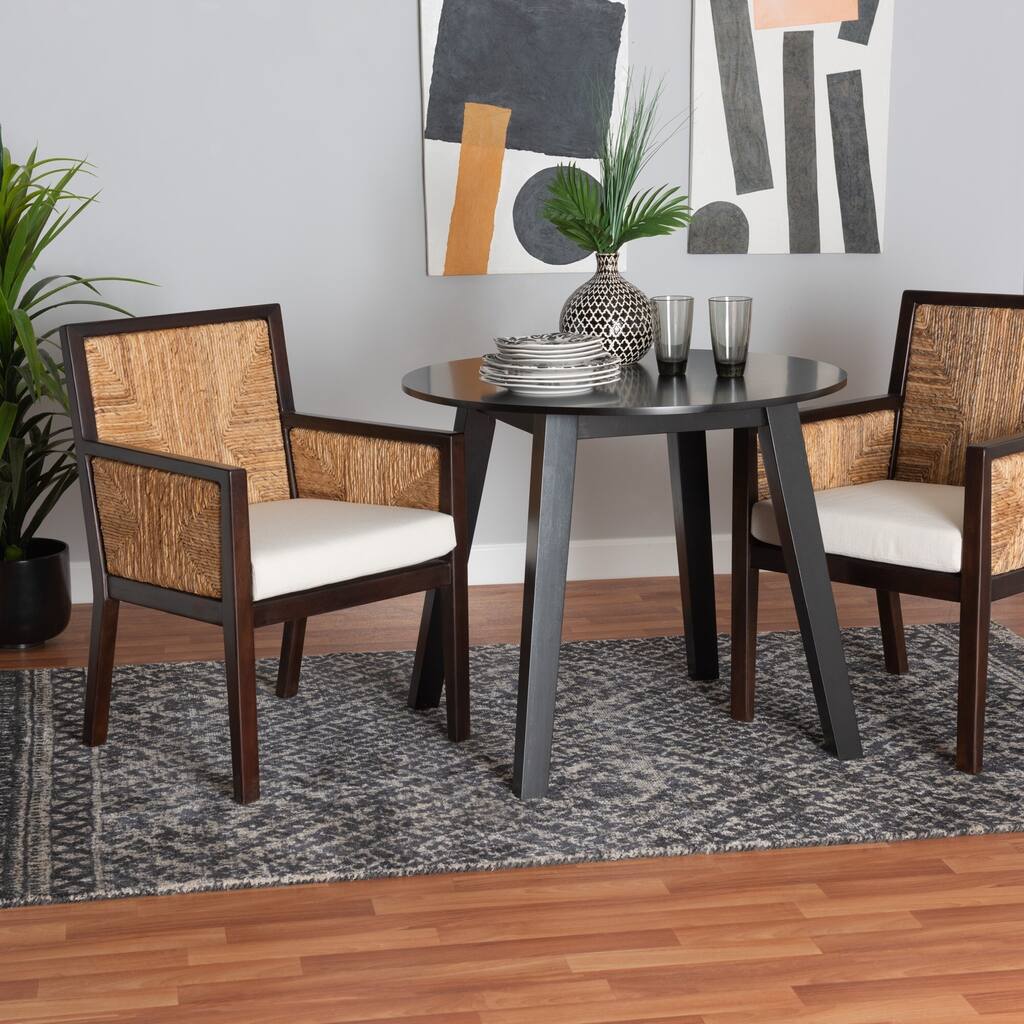 Joana Modern Bohemian Dark Brown Mahogany Wood and Natural Abaca Dining Arm Chair